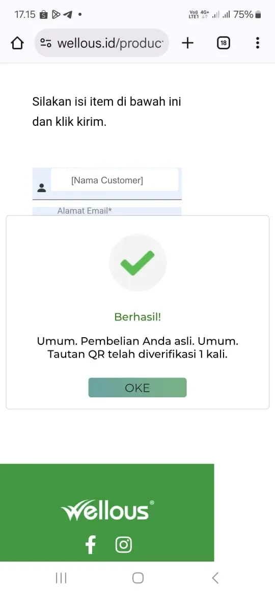 Halaman verifikasi wellous.id menampilkan status Berhasil dengan centang hijau — produk terverifikasi asli